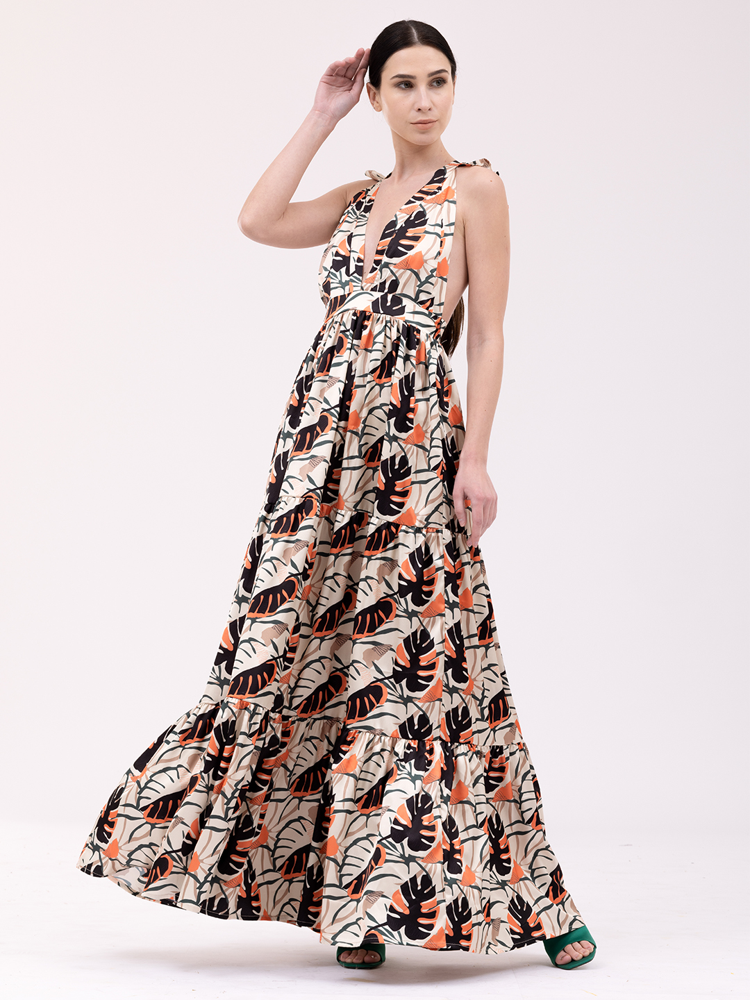 Tropical Leaf Print Halter Tiered Maxi Dress -5